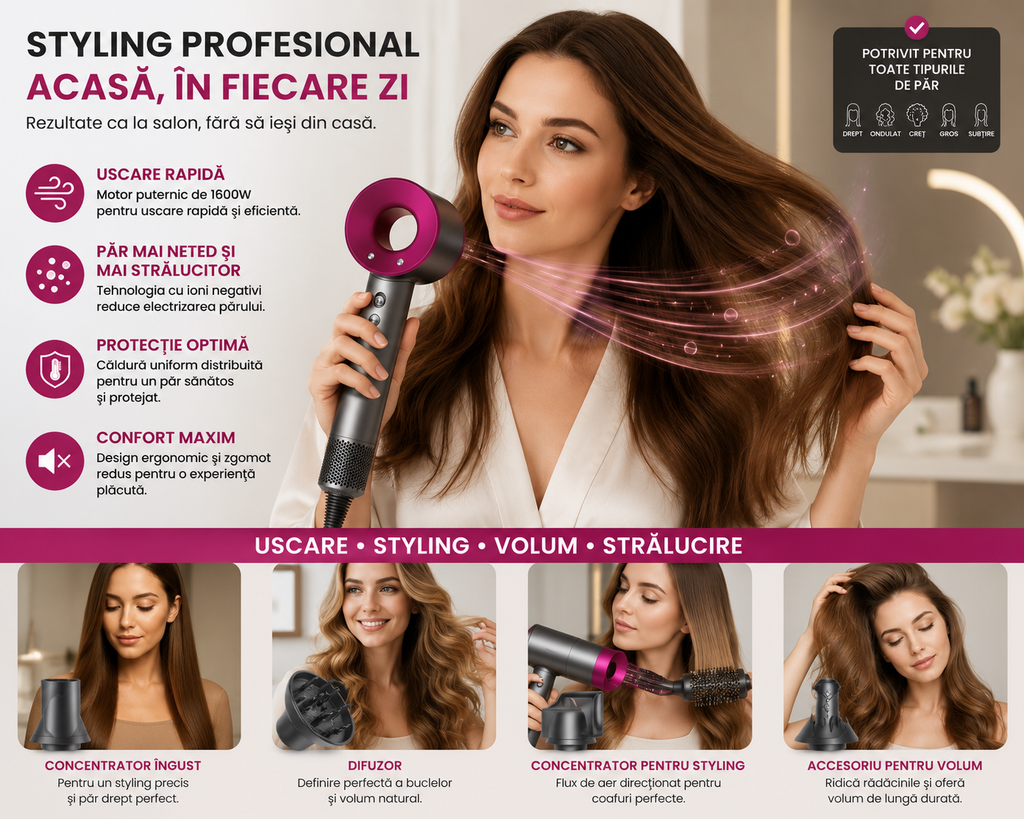 Uscător de Păr Profesional – Putere și Eleganță Premium