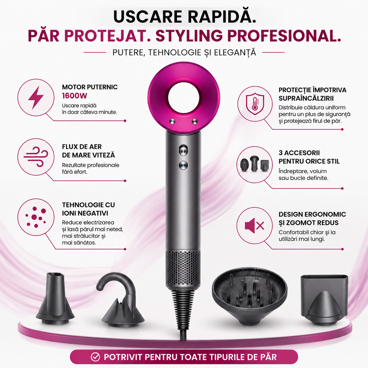 Uscător de Păr Profesional – Putere și Eleganță Premium