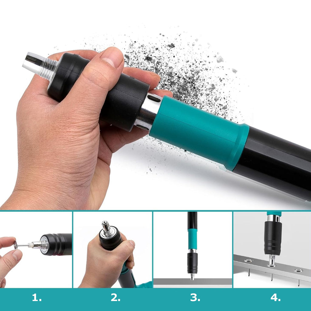 Set Pistol Pneumatic pentru Fixare Cuie Gips-Carton, Perete, Tavan, Podea, Lemn, Metal, Set Complet cu 50 Nituri CADOU, Ochelari de Protectie si Valiza