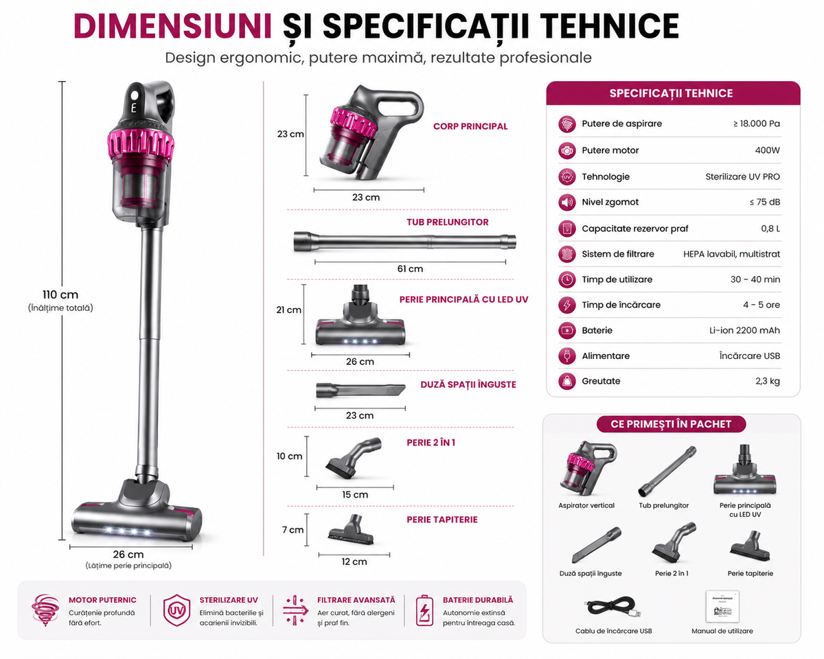 Aspirator Vertical, fără Fir, fara sac 21,6V – Rezervor 0,54L, Ușor și Puternic