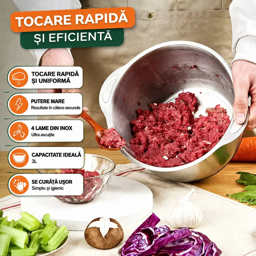 Tocator Profesional Electric RAF –  Bol Inox 3L, 4 Lame din Otel Ascuțite