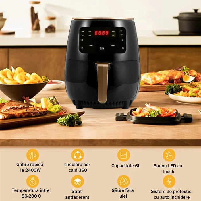Friteuza cu aer cald, 2400W, 7 programe, 80-200°C, Timer 60 min