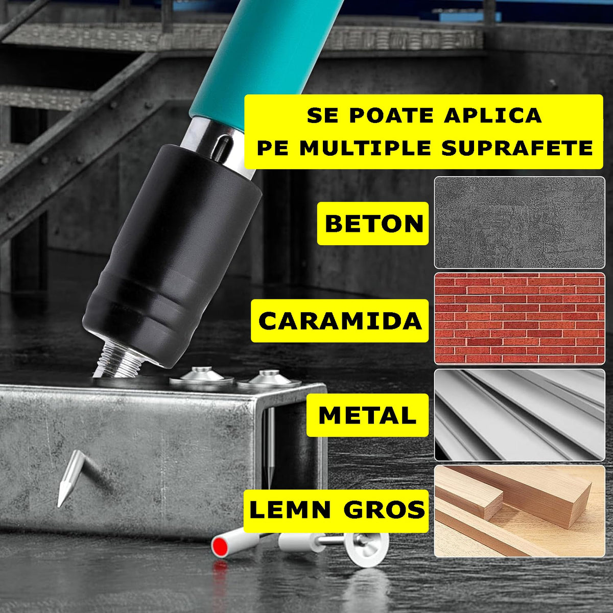 Set Pistol Pneumatic pentru Fixare Cuie Gips-Carton, Perete, Tavan, Podea, Lemn, Metal, Set Complet cu 50 Nituri CADOU, Ochelari de Protectie si Valiza