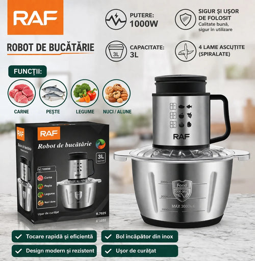 Tocator Profesional Electric RAF –  Bol Inox 3L, 4 Lame din Otel Ascuțite