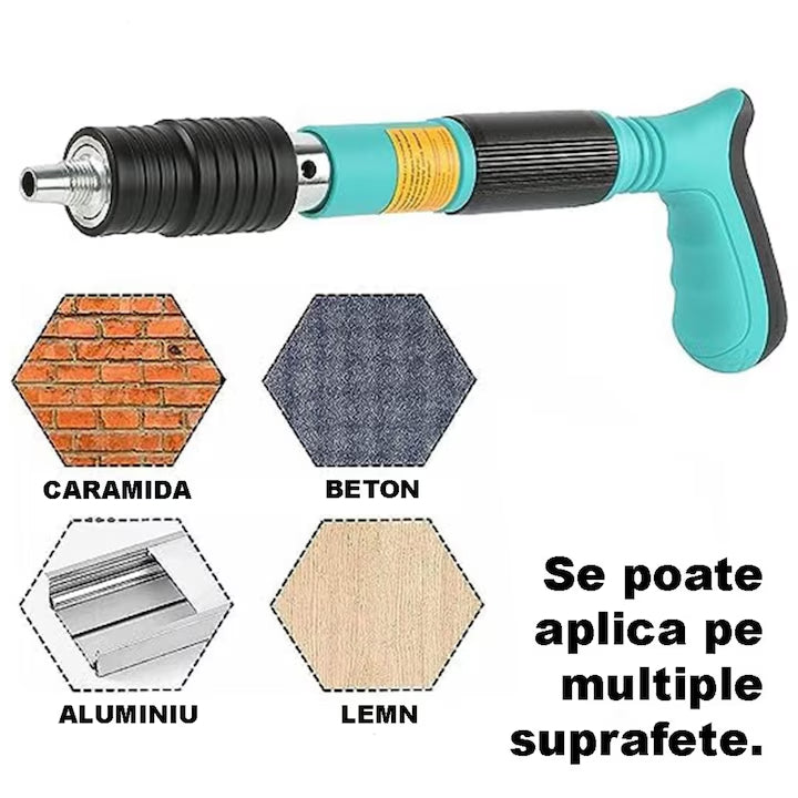 Set Pistol Pneumatic pentru Fixare Cuie Gips-Carton, Perete, Tavan, Podea, Lemn, Metal, Set Complet cu 50 Nituri CADOU, Ochelari de Protectie si Valiza