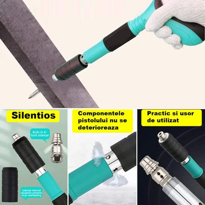 Set Pistol Pneumatic pentru Fixare Cuie Gips-Carton, Perete, Tavan, Podea, Lemn, Metal, Set Complet cu 50 Nituri CADOU, Ochelari de Protectie si Valiza
