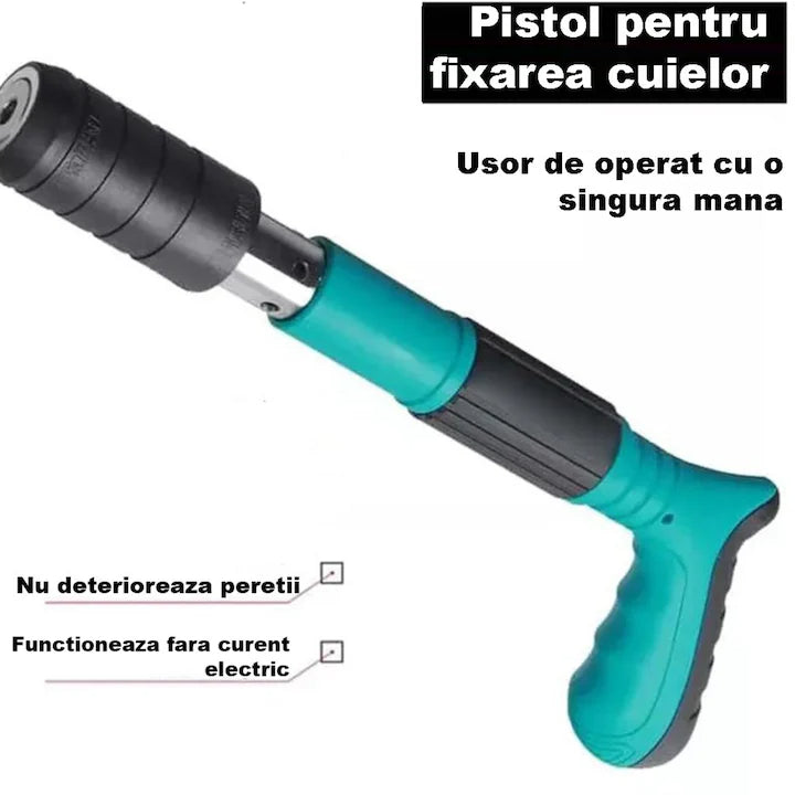 Set Pistol Pneumatic pentru Fixare Cuie Gips-Carton, Perete, Tavan, Podea, Lemn, Metal, Set Complet cu 50 Nituri CADOU, Ochelari de Protectie si Valiza