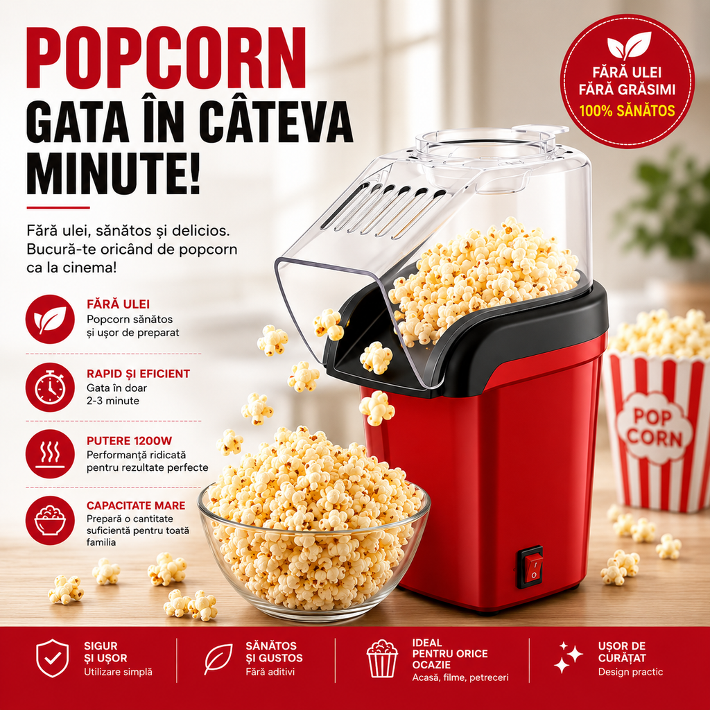 Aparat de Făcut Popcorn cu Aer Cald, Fără Ulei și Putere de 1200W