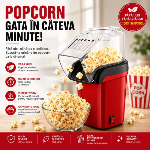 Aparat de Făcut Popcorn cu Aer Cald, Fără Ulei și Putere de 1200W