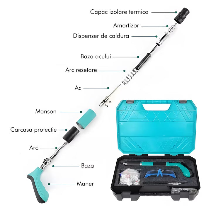 Set Pistol Pneumatic pentru Fixare Cuie Gips-Carton, Perete, Tavan, Podea, Lemn, Metal, Set Complet cu 50 Nituri CADOU, Ochelari de Protectie si Valiza