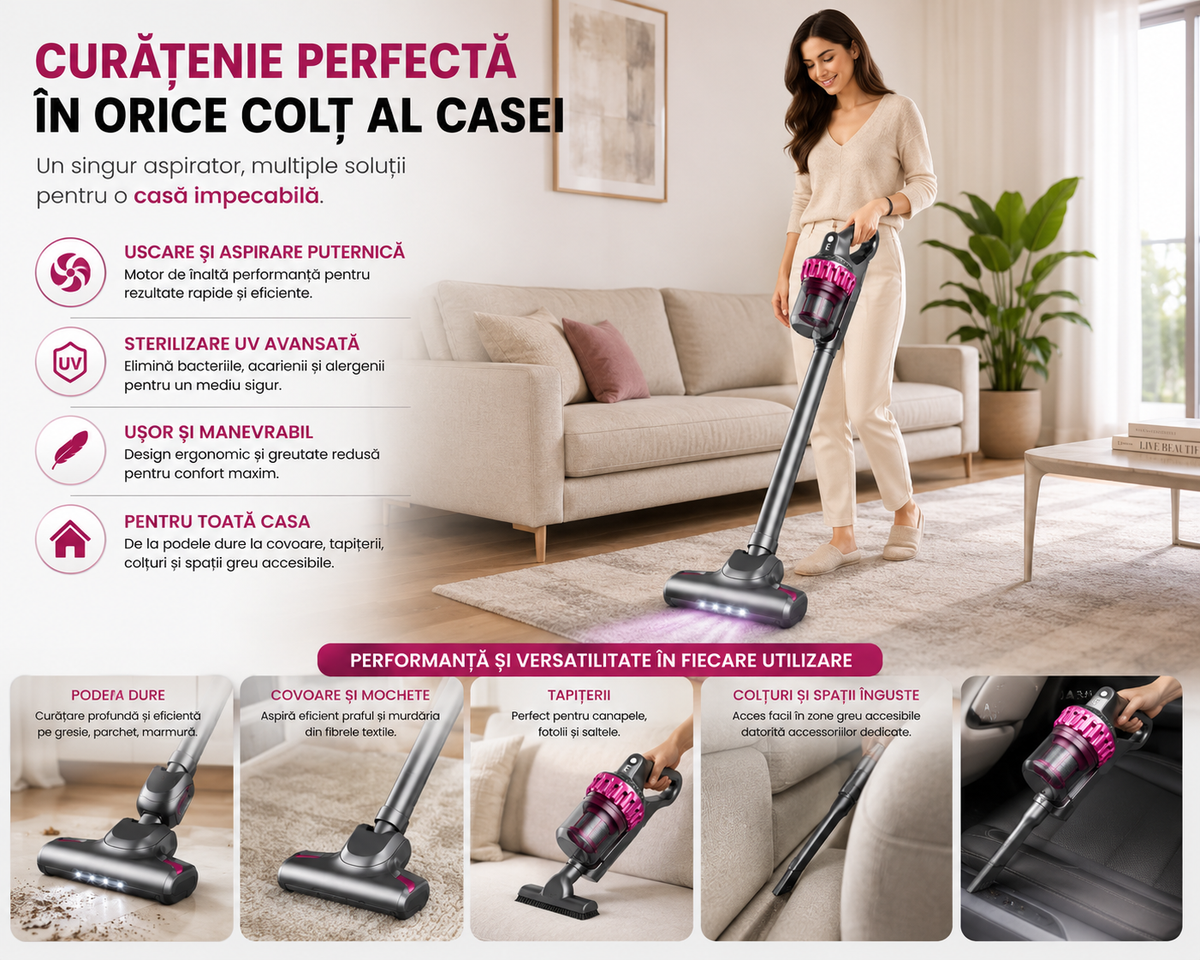 Aspirator Vertical, fără Fir, fara sac 21,6V – Rezervor 0,54L, Ușor și Puternic