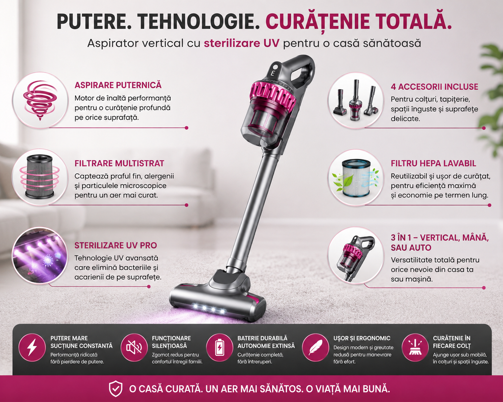 Aspirator Vertical, fără Fir, fara sac 21,6V – Rezervor 0,54L, Ușor și Puternic