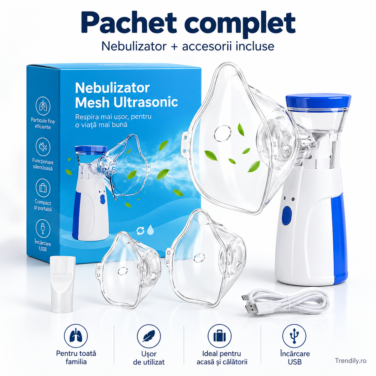 Aparat aerosoli, nebulizator cu Tehnologie Mesh Ultrasonic, 3 Trepte, Debit 0, 15-0, 35 ml/min, Capacitate 8 ml, USB + Baterii AA, Zgomot ≤20dB, Masti Copii si Adulti