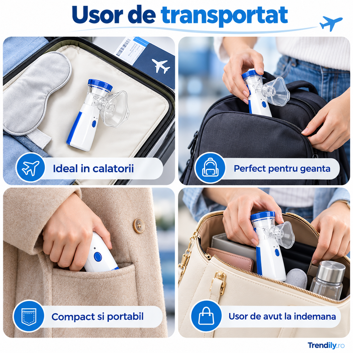Aparat aerosoli, nebulizator cu Tehnologie Mesh Ultrasonic, 3 Trepte, Debit 0, 15-0, 35 ml/min, Capacitate 8 ml, USB + Baterii AA, Zgomot ≤20dB, Masti Copii si Adulti