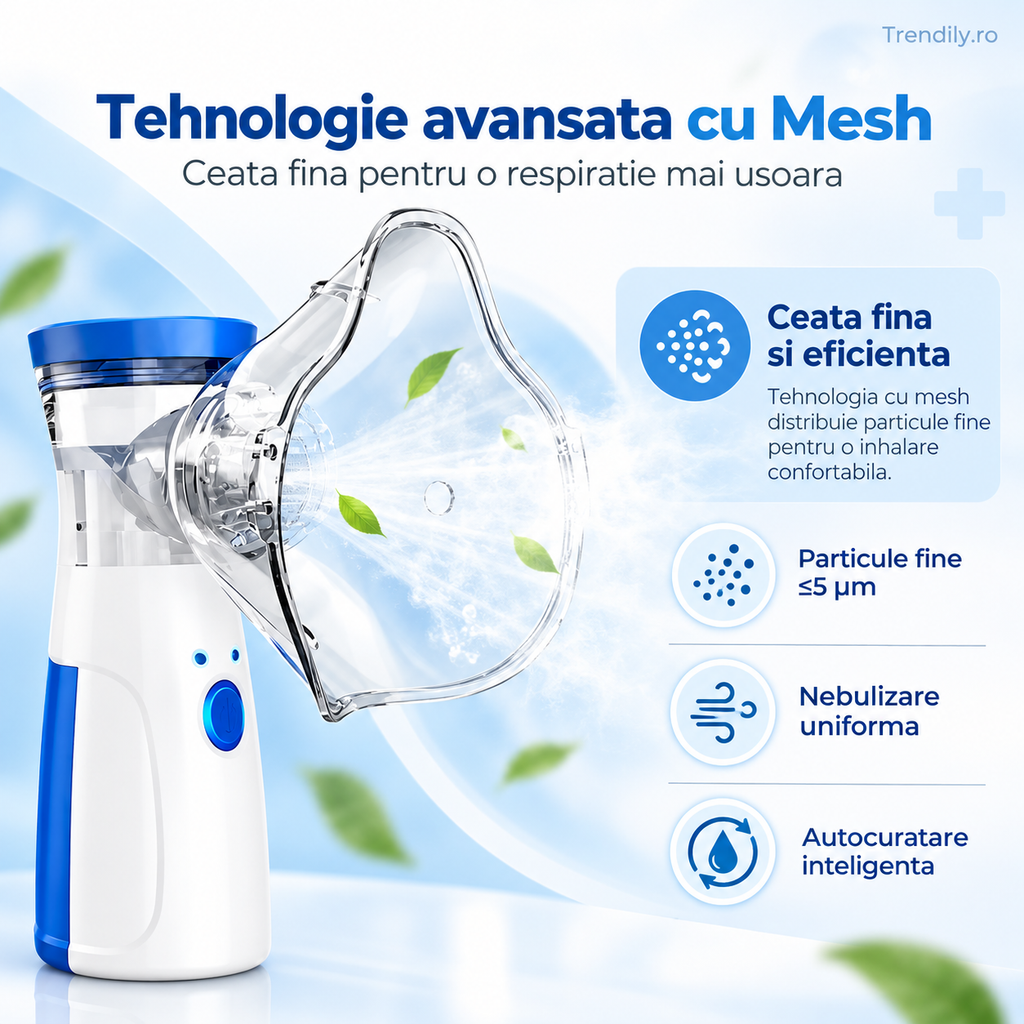 Aparat aerosoli, nebulizator cu Tehnologie Mesh Ultrasonic, 3 Trepte, Debit 0, 15-0, 35 ml/min, Capacitate 8 ml, USB + Baterii AA, Zgomot ≤20dB, Masti Copii si Adulti