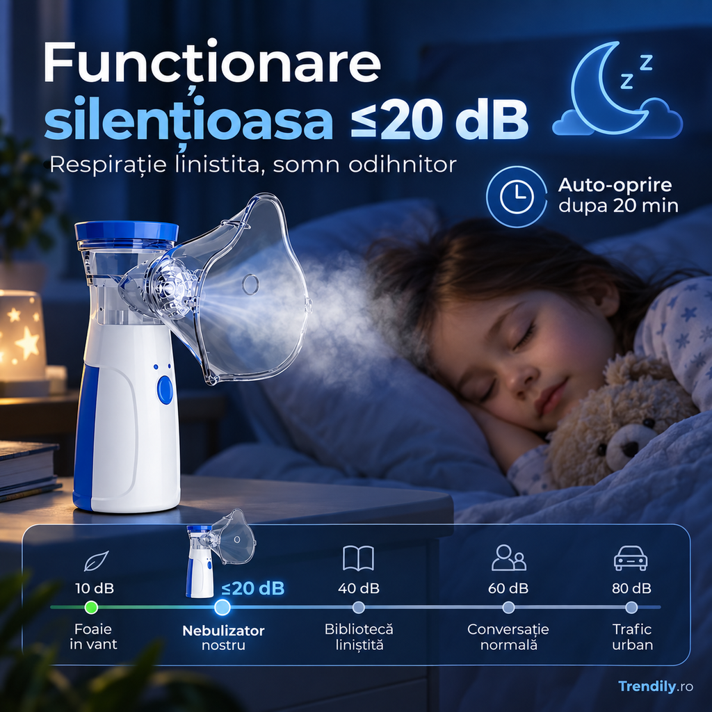Aparat aerosoli, nebulizator cu Tehnologie Mesh Ultrasonic, 3 Trepte, Debit 0, 15-0, 35 ml/min, Capacitate 8 ml, USB + Baterii AA, Zgomot ≤20dB, Masti Copii si Adulti