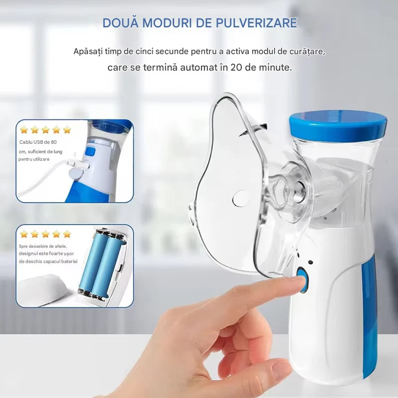 Aparat aerosoli, nebulizator cu Tehnologie Mesh Ultrasonic, 3 Trepte, Debit 0, 15-0, 35 ml/min, Capacitate 8 ml, USB + Baterii AA, Zgomot ≤20dB, Masti Copii si Adulti