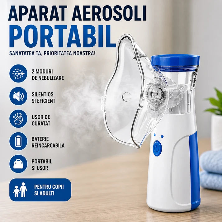Aparat aerosoli, nebulizator cu Tehnologie Mesh Ultrasonic, 3 Trepte, Debit 0, 15-0, 35 ml/min, Capacitate 8 ml, USB + Baterii AA, Zgomot ≤20dB, Masti Copii si Adulti