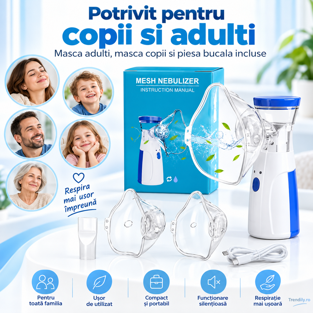 Aparat aerosoli, nebulizator cu Tehnologie Mesh Ultrasonic, 3 Trepte, Debit 0, 15-0, 35 ml/min, Capacitate 8 ml, USB + Baterii AA, Zgomot ≤20dB, Masti Copii si Adulti