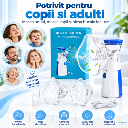 Aparat aerosoli, nebulizator cu Tehnologie Mesh Ultrasonic, 3 Trepte, Debit 0, 15-0, 35 ml/min, Capacitate 8 ml, USB + Baterii AA, Zgomot ≤20dB, Masti Copii si Adulti