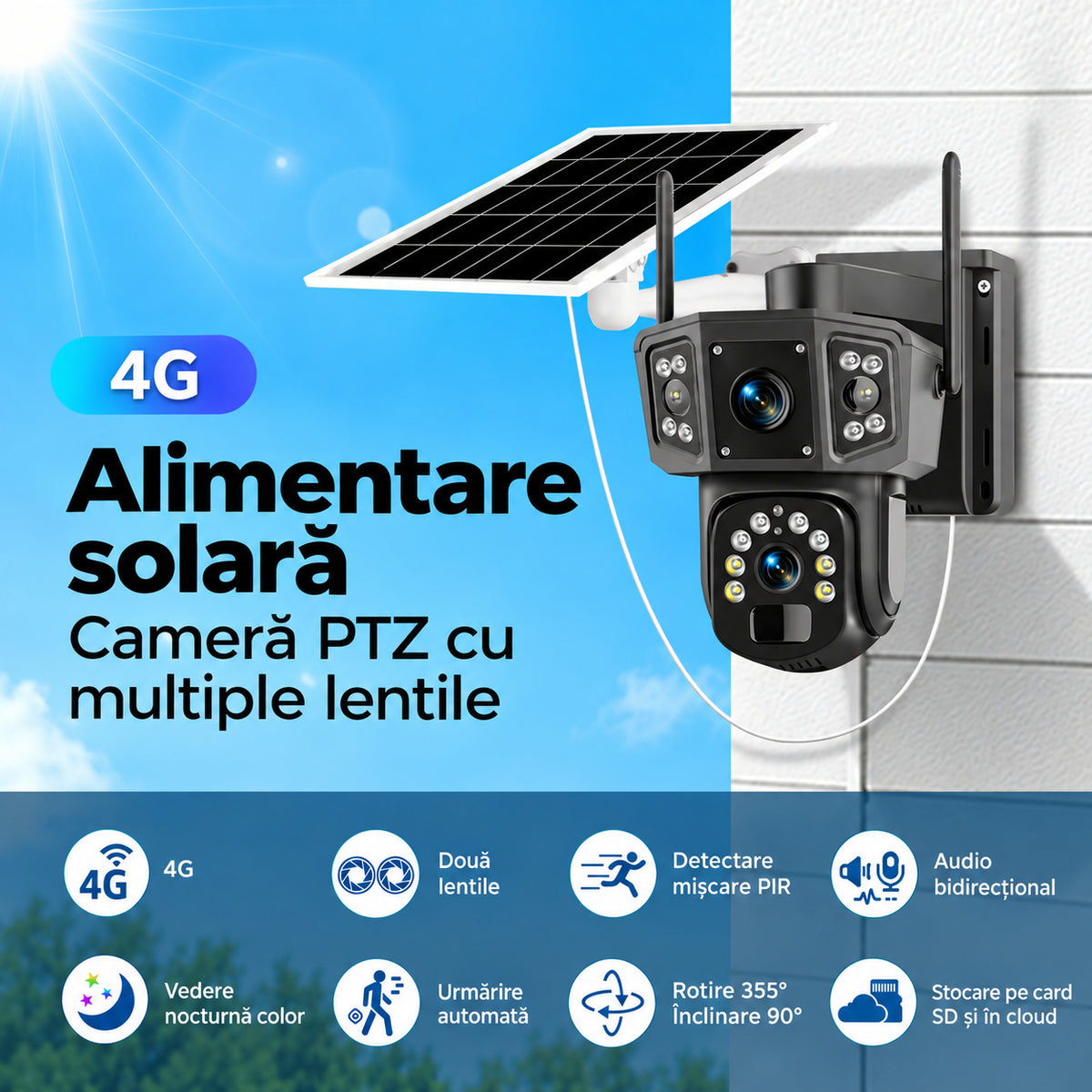 Camera Supraveghere Solara Dubla INNOVA 4G , 6MP , Full HD, PTZ 360°, baterie 12000mAh, vedere nocturna, audio bidirectional, Aplicatie in Romana