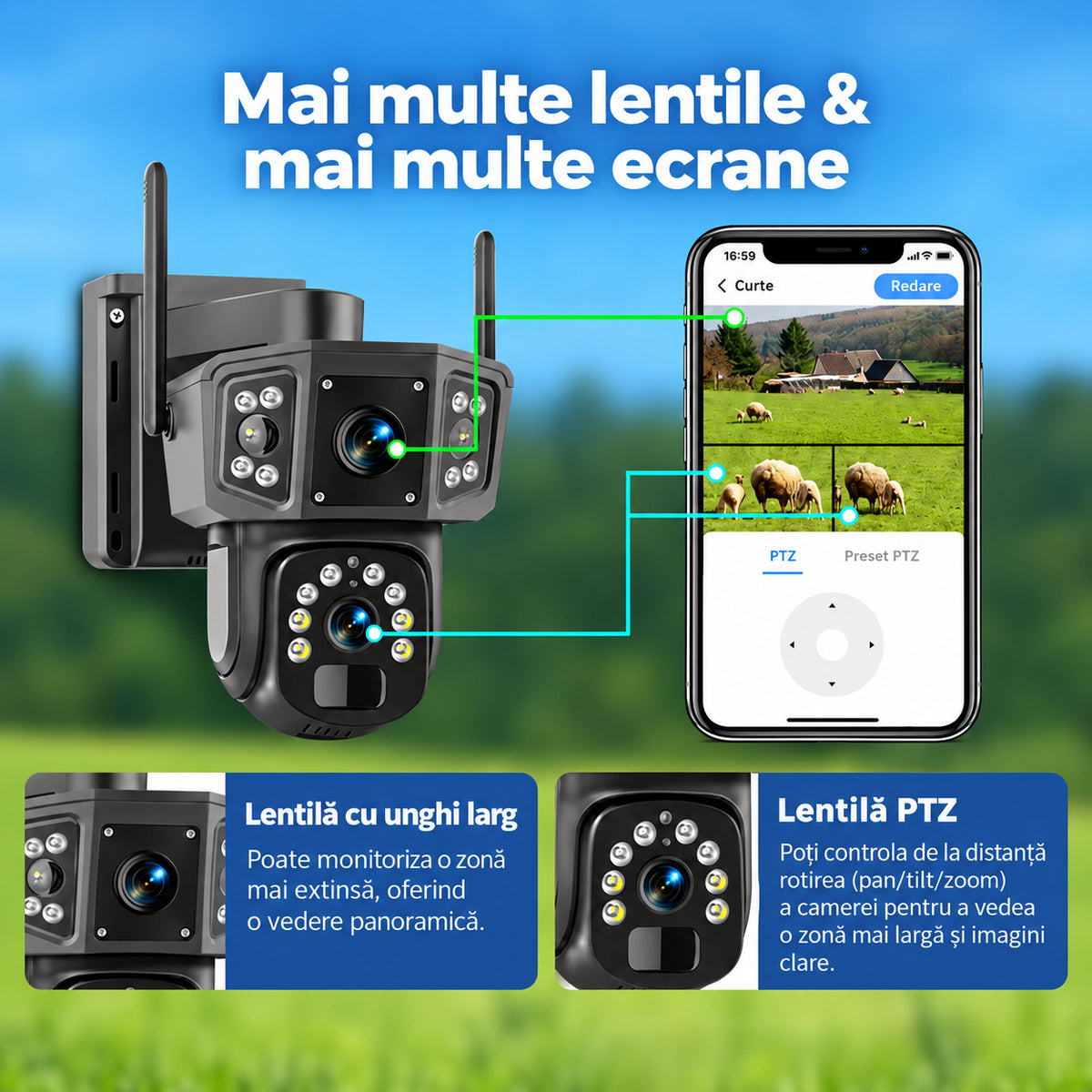 Camera Supraveghere Solara Dubla INNOVA 4G , 6MP , Full HD, PTZ 360°, baterie 12000mAh, vedere nocturna, audio bidirectional, Aplicatie in Romana