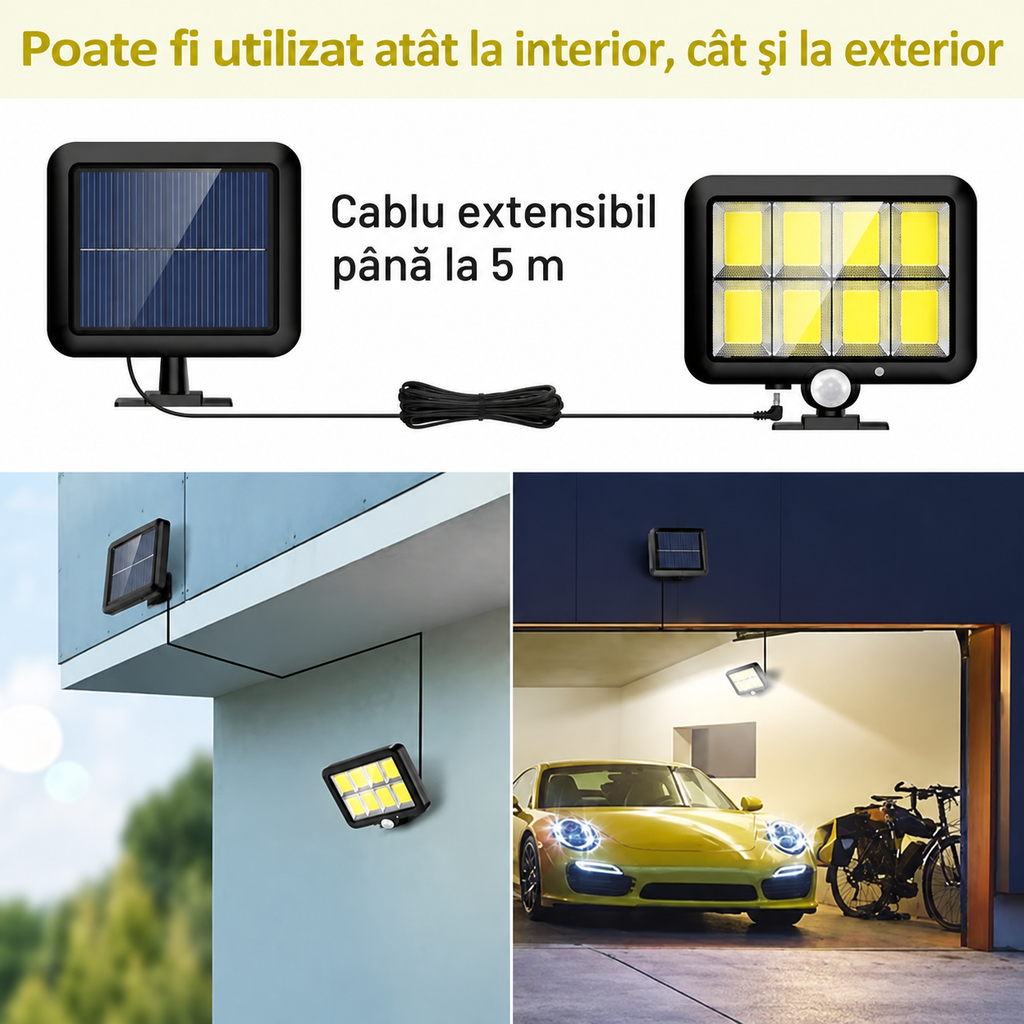 Lampă Solară LED cu Senzor de Mișcare, Panou Solar Separat, Telecomandă, Cablu 5 m, Rezistentă IP65