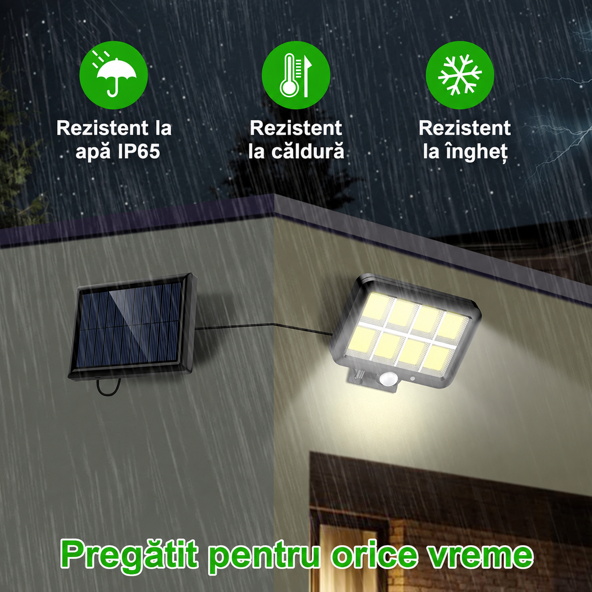 Lampă Solară LED cu Senzor de Mișcare, Panou Solar Separat, Telecomandă, Cablu 5 m, Rezistentă IP65