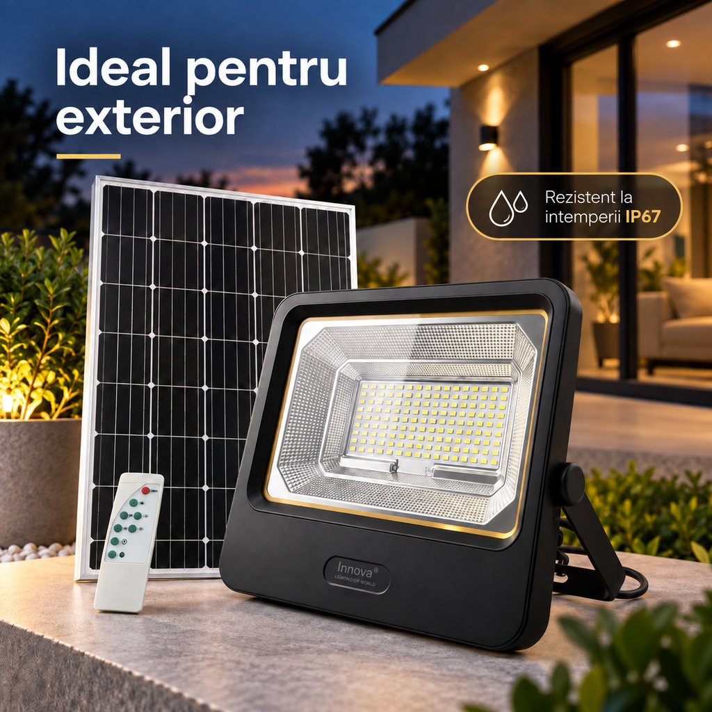 Proiector Solar LED Innova Smart Home Cyborg, IP67, Cu Panou Solar și Telecomandă