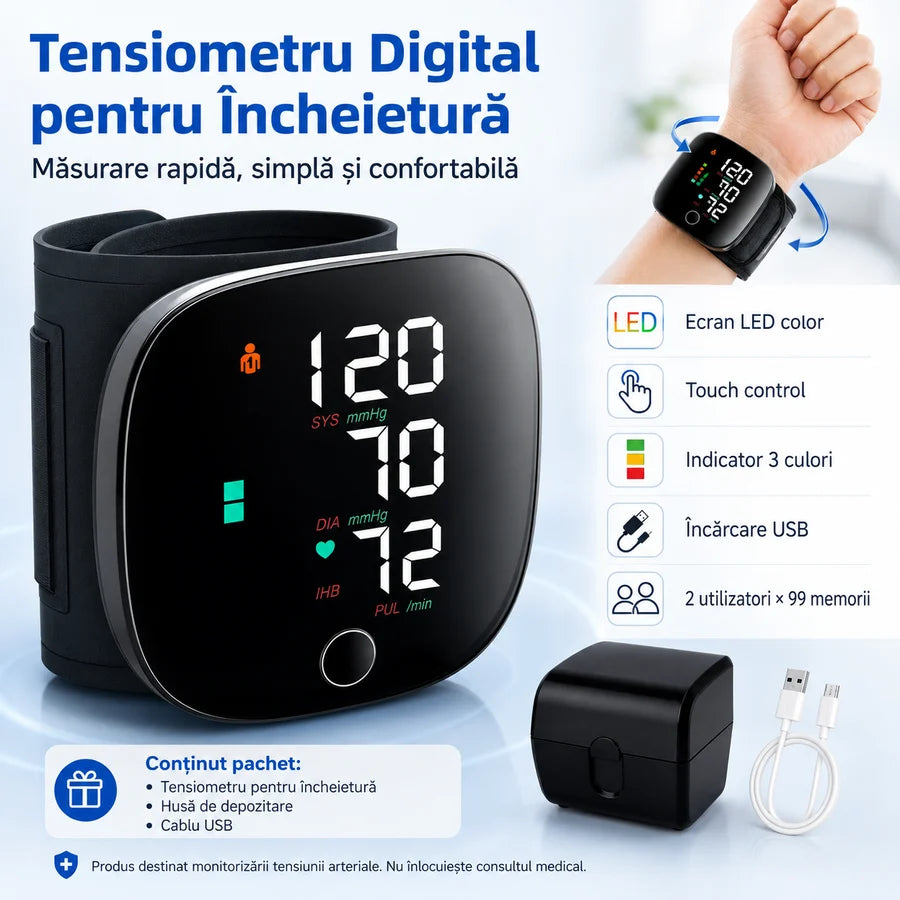 Tensiometru Digital de Încheietură cu Ecran LED, Măsurare Tensiune și Puls, Manșeta Reglabila, Incarcare usb