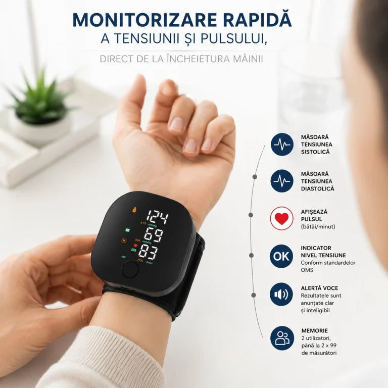 Tensiometru Digital de Încheietură cu Ecran LED, Măsurare Tensiune și Puls, Manșeta Reglabila, Incarcare usb