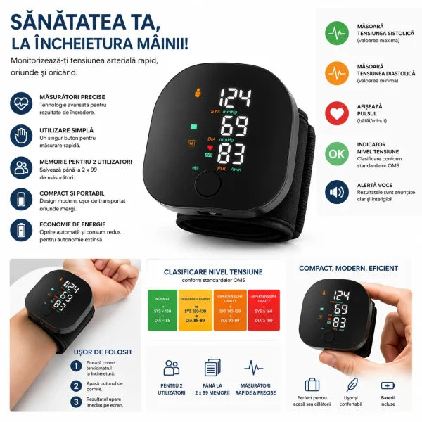 Tensiometru Digital de Încheietură cu Ecran LED, Măsurare Tensiune și Puls, Manșeta Reglabila, Incarcare usb