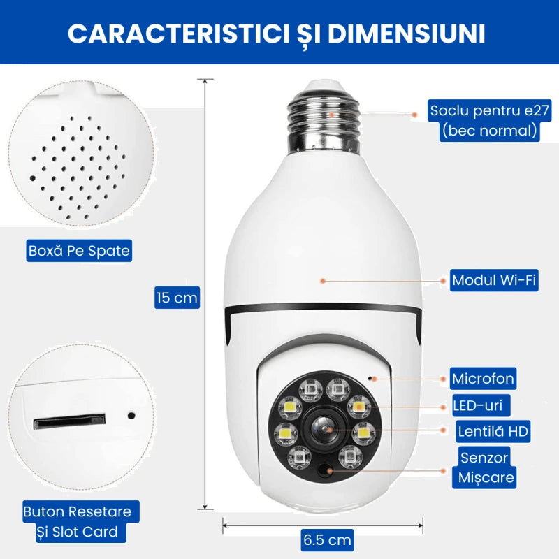 Camera WiFi Tip Bec E27 cu Rotire 355°