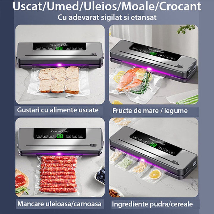 Aparat de Vidat si Sigilat Pungi, Dispozitiv Profesional de Vidat Alimente Umede si Uscate, Include 10 Pungi Cadou