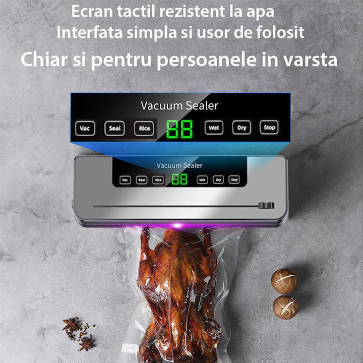 Aparat de Vidat si Sigilat Pungi, Dispozitiv Profesional de Vidat Alimente Umede si Uscate, Include 10 Pungi Cadou