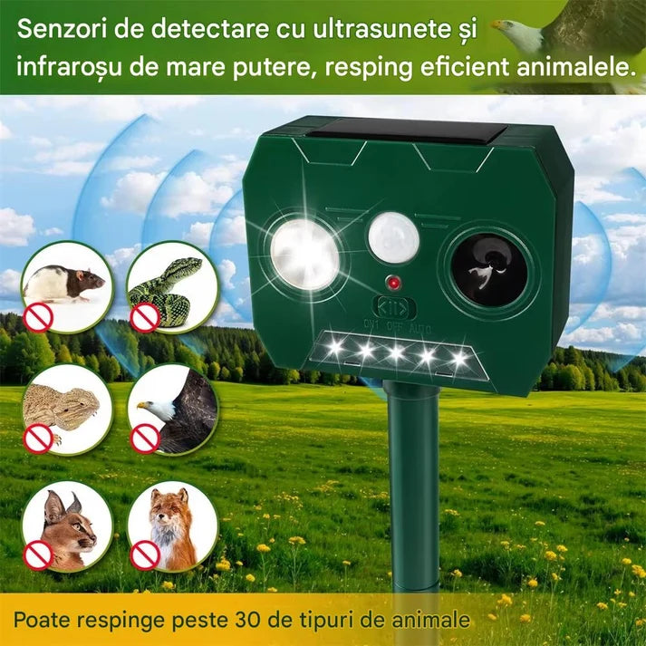 Aparat Solar Împotriva Dăunătorilor cu Ultrasunete și Senzor de Mișcare, pentru Grădină și Curte, Rezistent la Apă