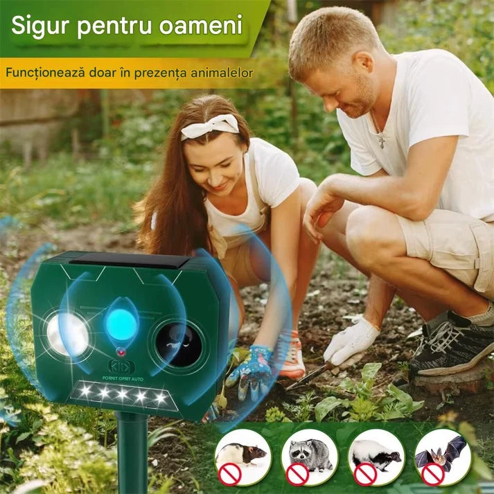 Aparat Solar Împotriva Dăunătorilor cu Ultrasunete și Senzor de Mișcare, pentru Grădină și Curte, Rezistent la Apă