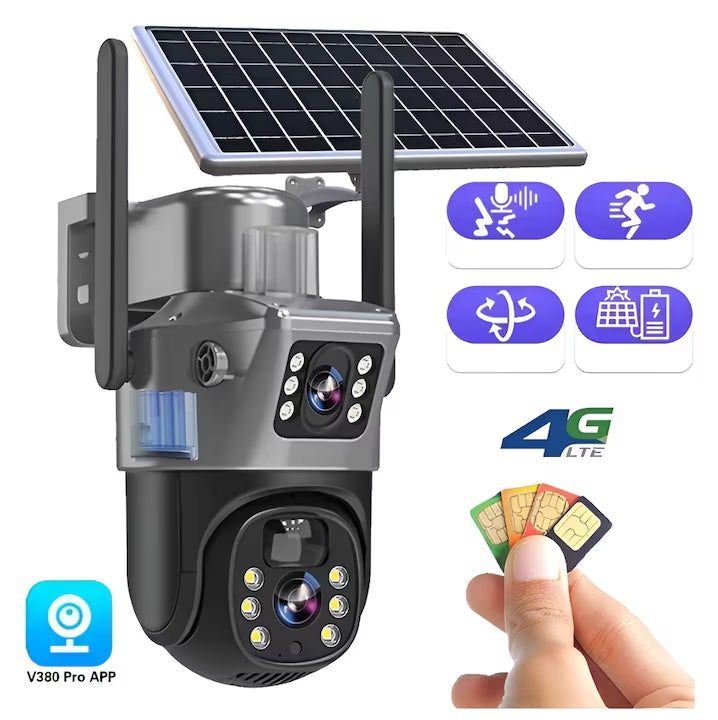 Cameră de Supraveghere Duală 4G cu Panou Solar, SIM, Vedere Nocturnă, Zoom 4X, Urmărire Automată și Protecție IP66