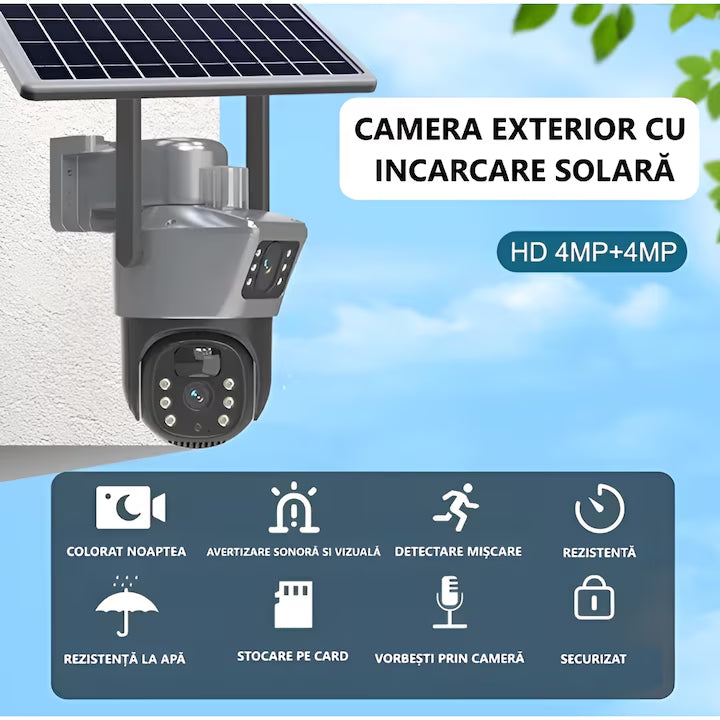 Cameră de Supraveghere Duală 4G cu Panou Solar, SIM, Vedere Nocturnă, Zoom 4X, Urmărire Automată și Protecție IP66