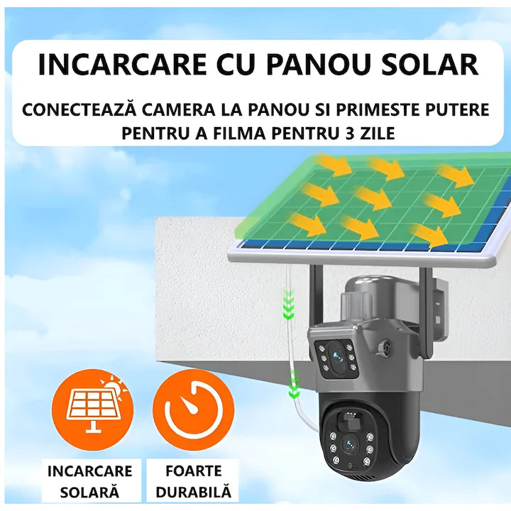 Cameră de Supraveghere Duală 4G cu Panou Solar, SIM, Vedere Nocturnă, Zoom 4X, Urmărire Automată și Protecție IP66