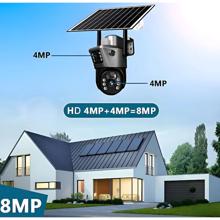 Cameră de Supraveghere Duală 4G cu Panou Solar, SIM, Vedere Nocturnă, Zoom 4X, Urmărire Automată și Protecție IP66