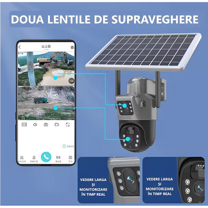 Cameră de Supraveghere Duală 4G cu Panou Solar, SIM, Vedere Nocturnă, Zoom 4X, Urmărire Automată și Protecție IP66