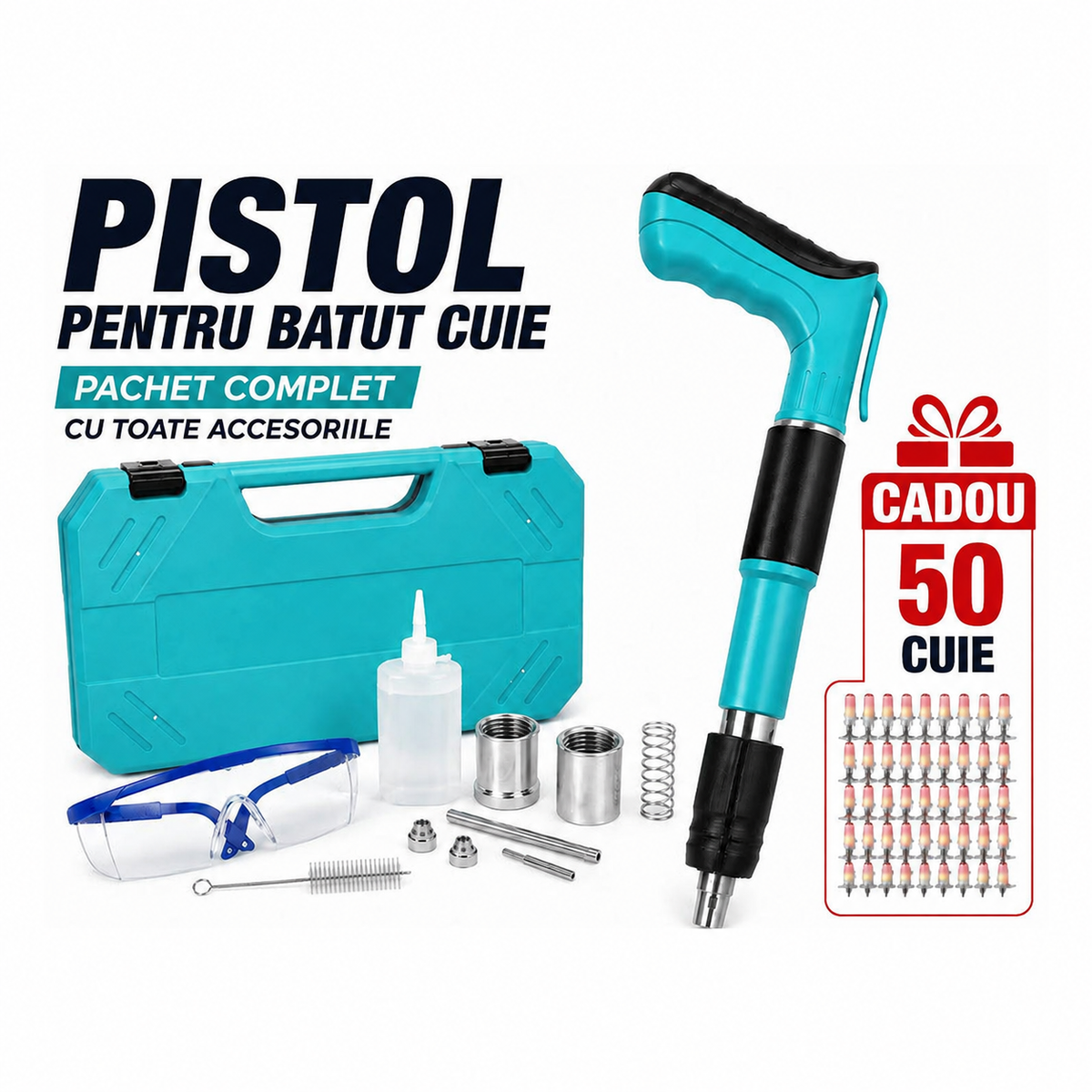 Set Pistol Pneumatic pentru Fixare Cuie Gips-Carton, Perete, Tavan, Podea, Lemn, Metal, Set Complet cu 50 Nituri CADOU, Ochelari de Protectie si Valiza