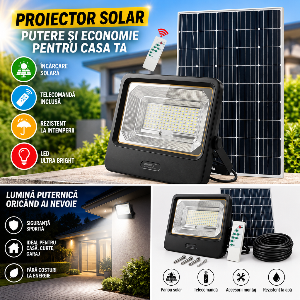 Proiector Solar LED Innova Smart Home Cyborg, IP67, Cu Panou Solar și Telecomandă