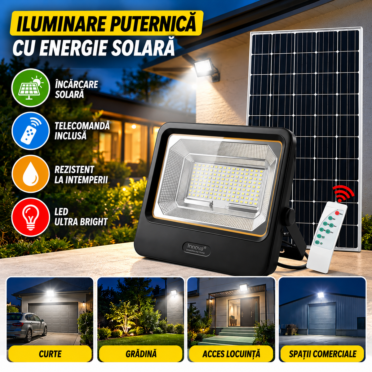 Proiector Solar LED Innova Smart Home Cyborg, IP67, Cu Panou Solar și Telecomandă