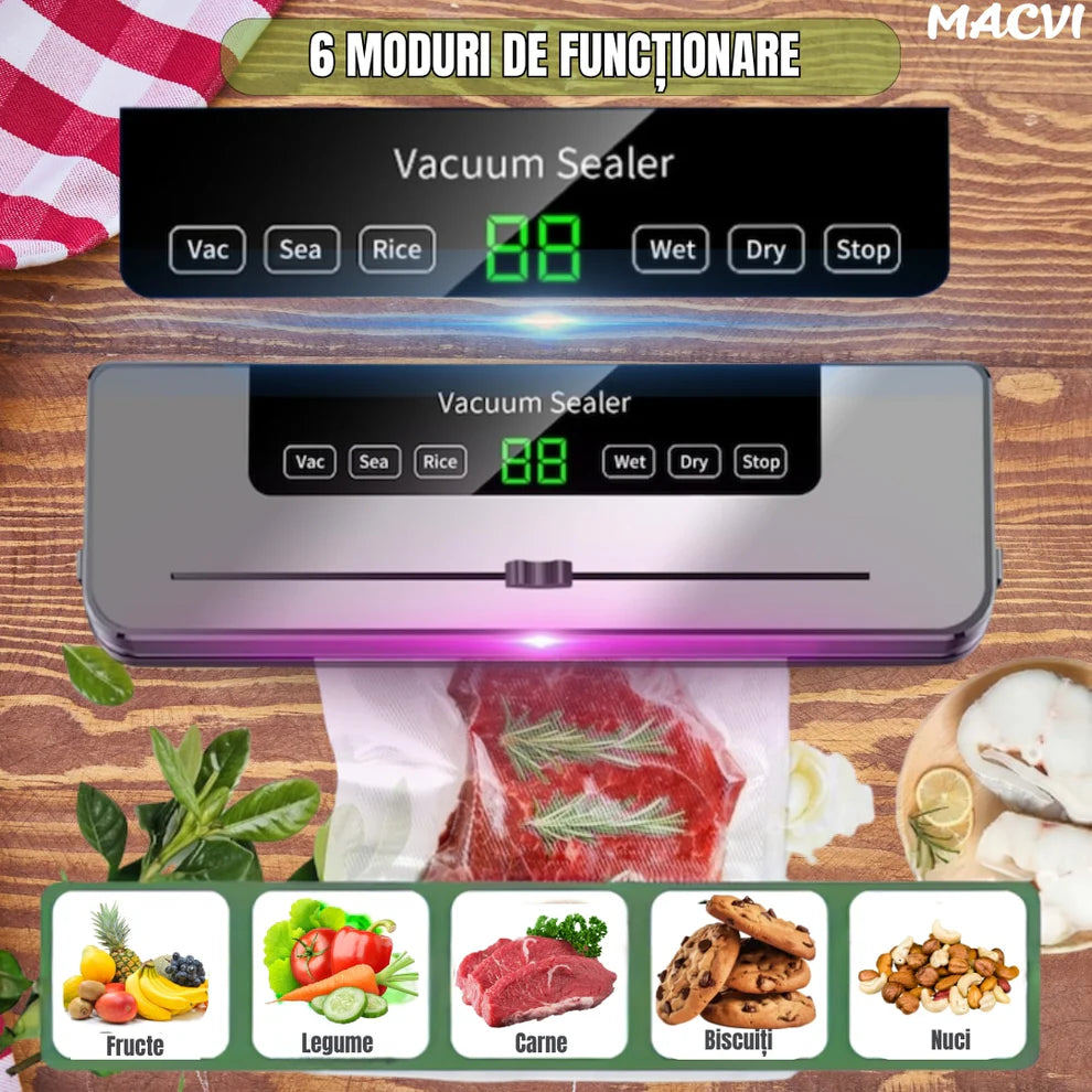 Aparat de Vidat si Sigilat Pungi, Dispozitiv Profesional de Vidat Alimente Umede si Uscate, Include 10 Pungi Cadou