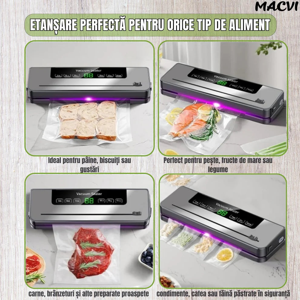 Aparat de Vidat si Sigilat Pungi, Dispozitiv Profesional de Vidat Alimente Umede si Uscate, Include 10 Pungi Cadou
